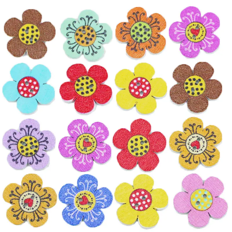 (100 Pcs/pack) 2-hole 2cm plum Blossom Wooden Flower Button Sewing Accessories Scrapbook Color Printing Home Decoration