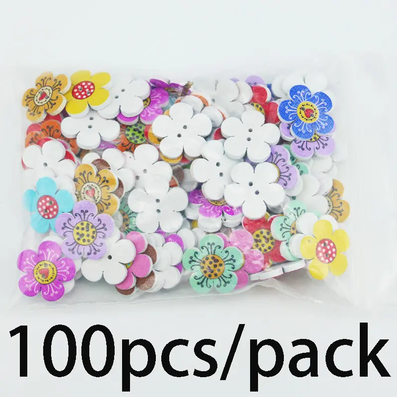 (100 Pcs/pack) 2-hole 2cm plum Blossom Wooden Flower Button Sewing Accessories Scrapbook Color Printing Home Decoration