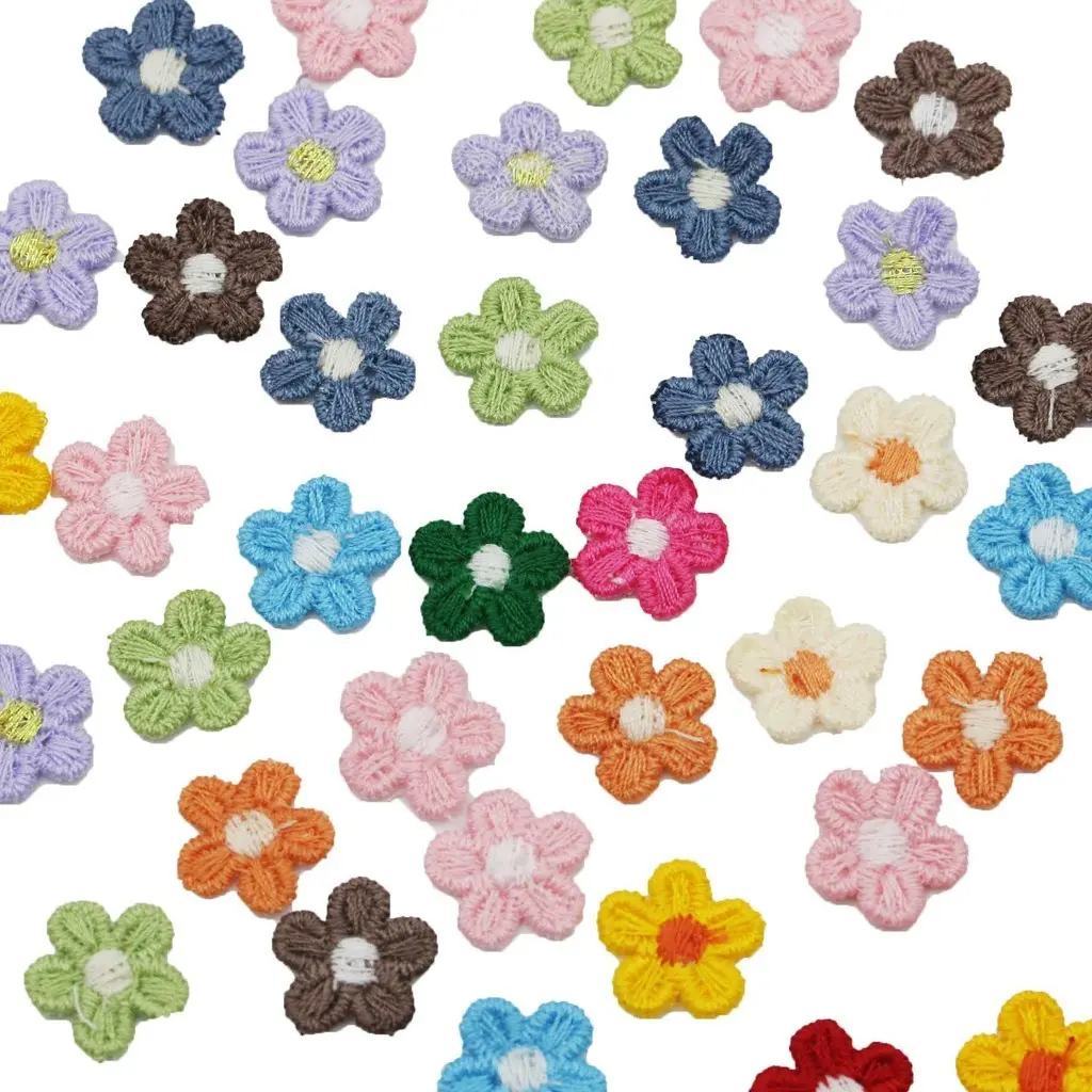 (50Pcs/pack) 15mm Small Flower Embroidery Cloth Stickers Accessories Patches Dresses Hats Decorative DIY Handmade Cute Lace