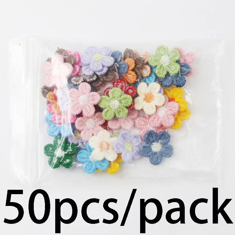 (50Pcs/pack) 15mm Small Flower Embroidery Cloth Stickers Accessories Patches Dresses Hats Decorative DIY Handmade Cute Lace