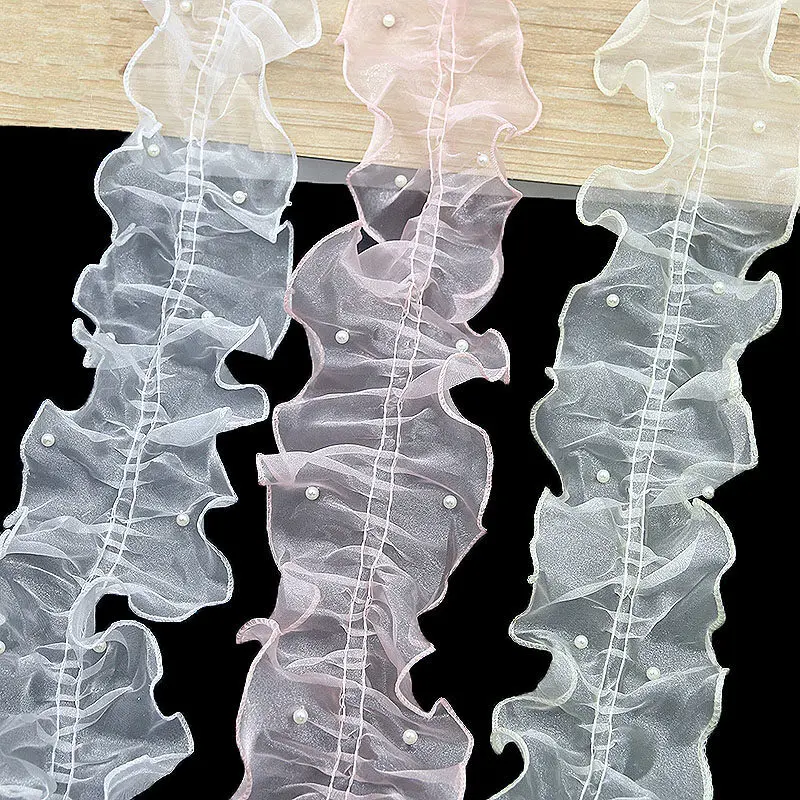 (2Meters/pack) 11cm French Lace Fabric Skirt Accessories Pleated Ribbon Pearl Trim Snow Yarn Ruffles Laces for Garments Bow Diy
