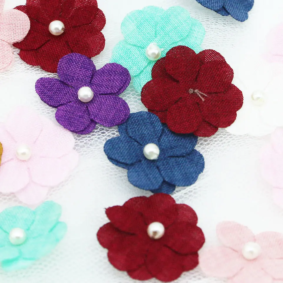 (20 Pcs/pack) 25mm Five Petal Flower Patch Double Layer Fabric Mixed Color Pearl Petal Kid's Hair Accessories Holiday Decoration