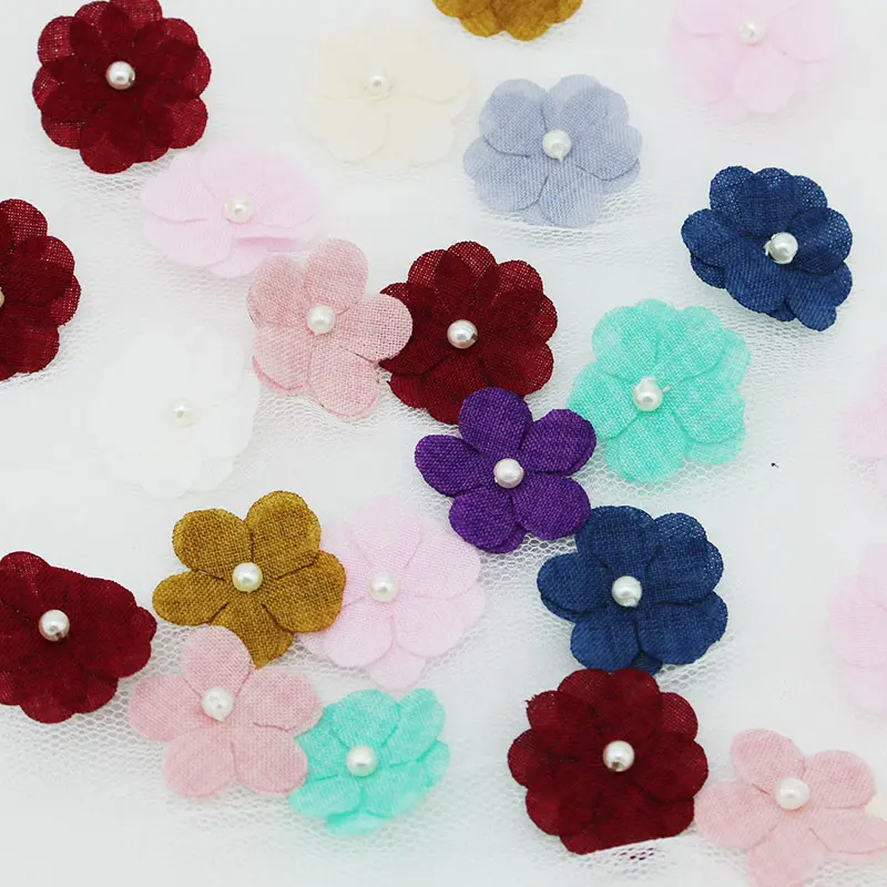 (20 Pcs/pack) 25mm Five Petal Flower Patch Double Layer Fabric Mixed Color Pearl Petal Kid's Hair Accessories Holiday Decoration