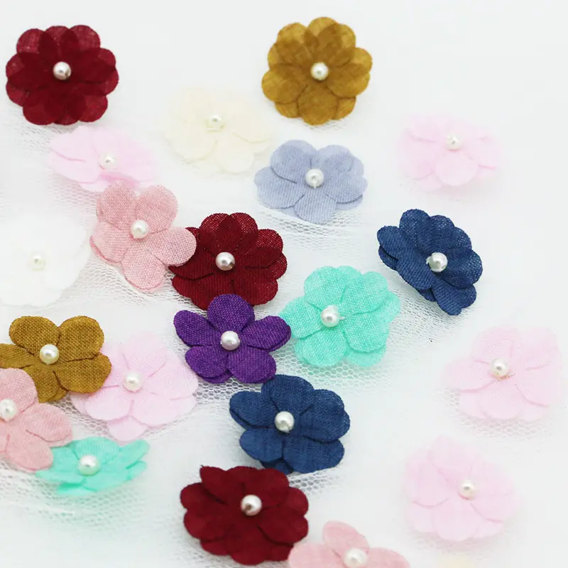 (20 Pcs/pack) 25mm Five Petal Flower Patch Double Layer Fabric Mixed Color Pearl Petal Kid's Hair Accessories Holiday Decoration