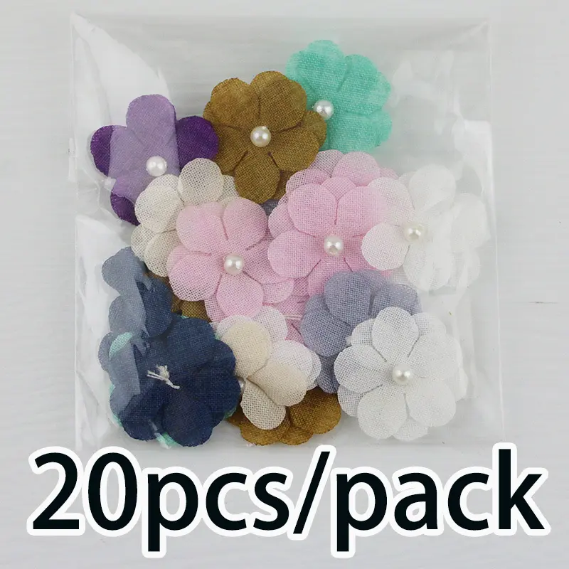 (20 Pcs/pack) 25mm Five Petal Flower Patch Double Layer Fabric Mixed Color Pearl Petal Kid's Hair Accessories Holiday Decoration