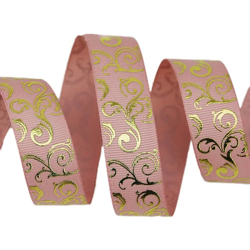 (10 yards/lot)25mm Gold Hot stamping Ribbons Thermal transfer Printed grosgrain Gift packaging Wedding Accessories DIY materials