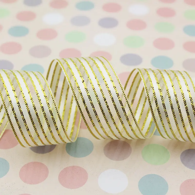 (25yards/roll)15mm White Stripe Organza Gift Packaging Ribbon High Quality Wedding Shiny Ribbons Handmade DIY Ribbon For Crafts