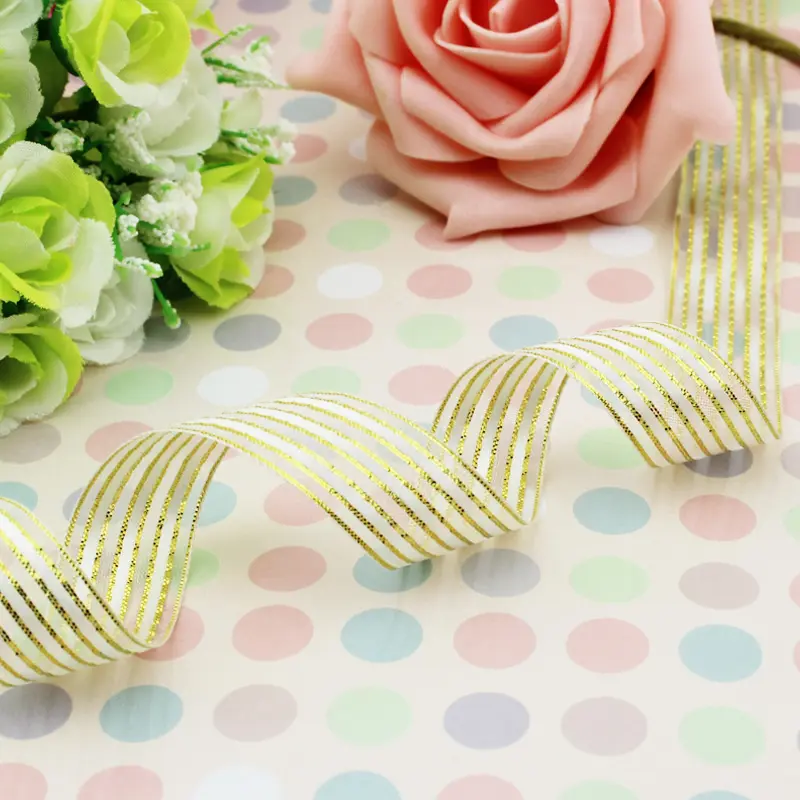 (25yards/roll)15mm White Stripe Organza Gift Packaging Ribbon High Quality Wedding Shiny Ribbons Handmade DIY Ribbon For Crafts