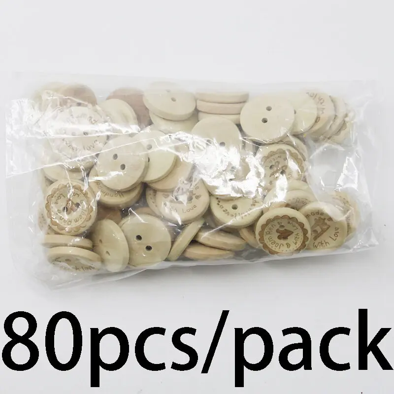 (80 Pcs/pack) 20mm Width 2 Holes Round Love wood Solid Color Buttons Handmade DIY Crafts Clothing Decoration Jewelry Buckles