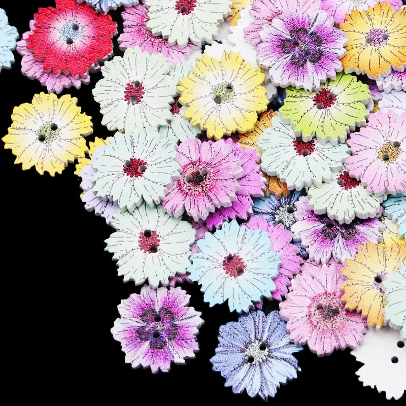 (100pcs/pack) 20mm 2-Hole Wooden Chrysanthemum Ethnic Style Button Home Sewing Accessories Festival Decoration Handmade DIY