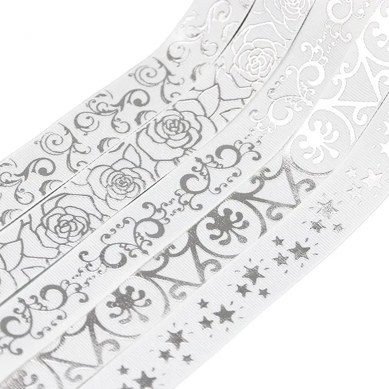 (10 yards/roll) White Hot stamping flower grosgrain ribbon  DIY gift wedding ribbons wholesale