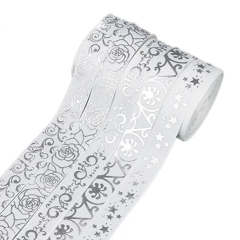 (10 yards/roll) White Hot stamping flower grosgrain ribbon  DIY gift wedding ribbons wholesale