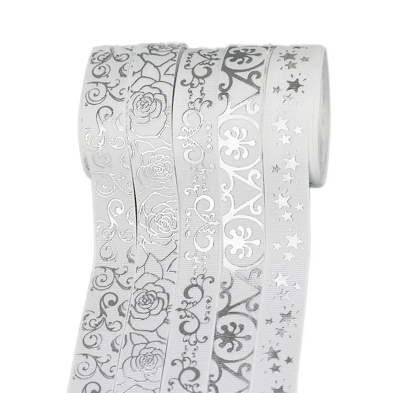 (10 yards/roll) White Hot stamping flower grosgrain ribbon  DIY gift wedding ribbons wholesale