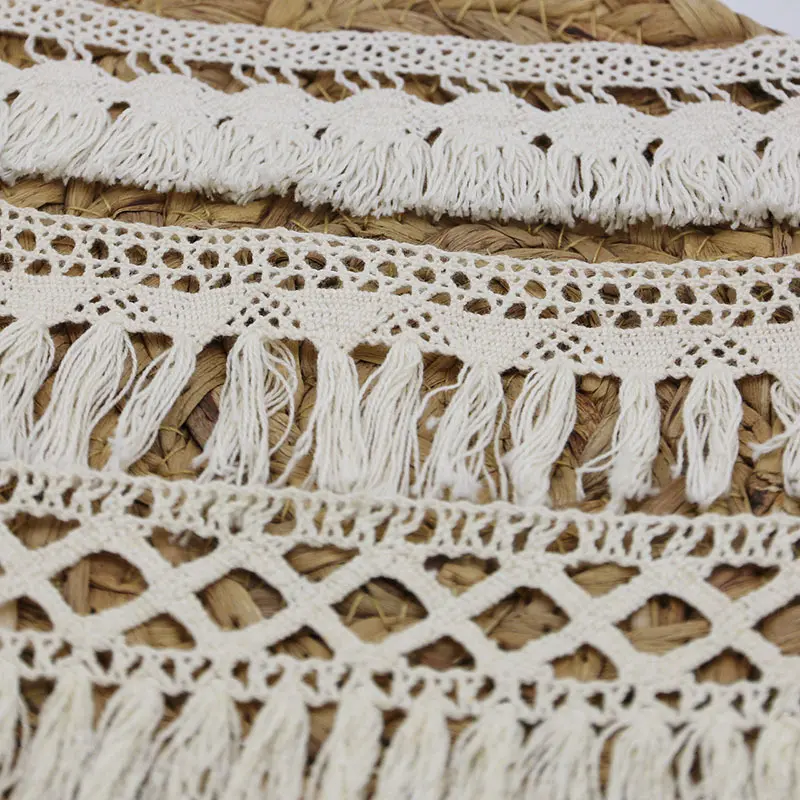 (3 Meters/bag) Tassel Lace Cotton Fabric Beige Ribbon Hollow Cut Bohemian Style Clothing Sewing Handmade Materials Versatile