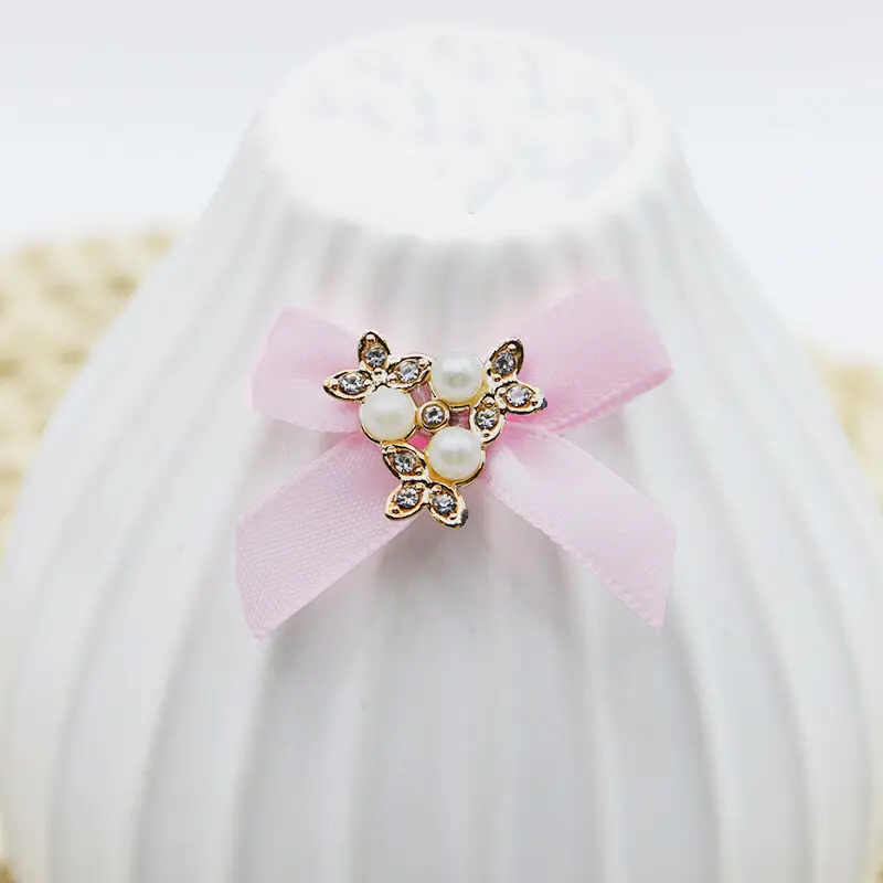 (15pcs/pack) 3*4.5cm Alloy Inlaid Rhinestone Imitation Pearl Ribbon Bow DIY Hair Clip Brooch Children's Handmade Toy Accessories