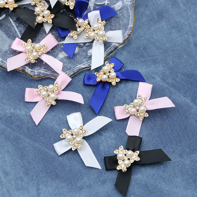 (15pcs/pack) 3*4.5cm Alloy Inlaid Rhinestone Imitation Pearl Ribbon Bow DIY Hair Clip Brooch Children's Handmade Toy Accessories