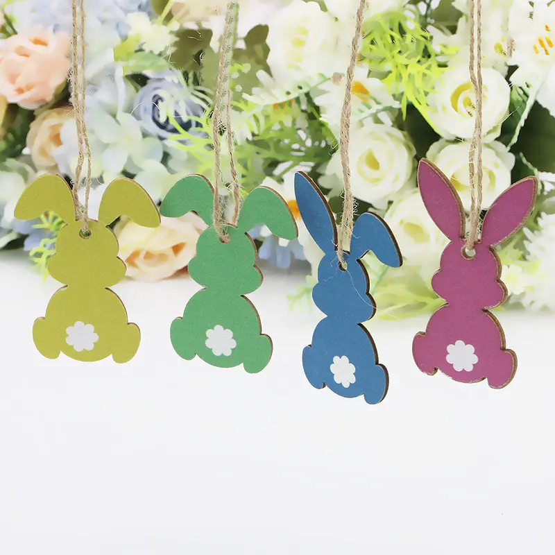 (12 pcs/pack) 41-80mm Easter bunny wooden pendant creative home design banner hanging piece wall sticker celebrating Easter