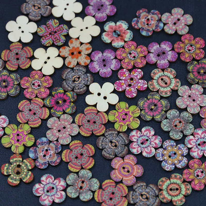 (50 Pcs/pack) 2cm Vintage Plum Blossom Buttons 2-hole Wooden Button Craft Sewing Scrapbook DIY Decoration Vintage Color Printing