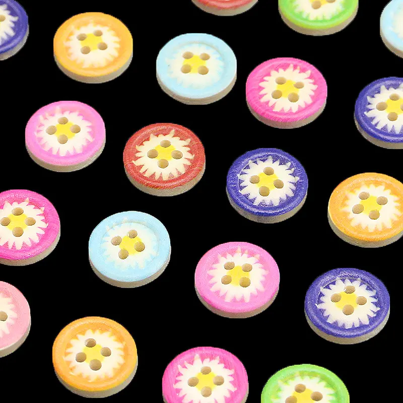 (100Pcs/pack) 15mm Multi-color Daisy Button Circular 4-hole Wooden Painted Button Party Decoration Clothing Decoration DIY
