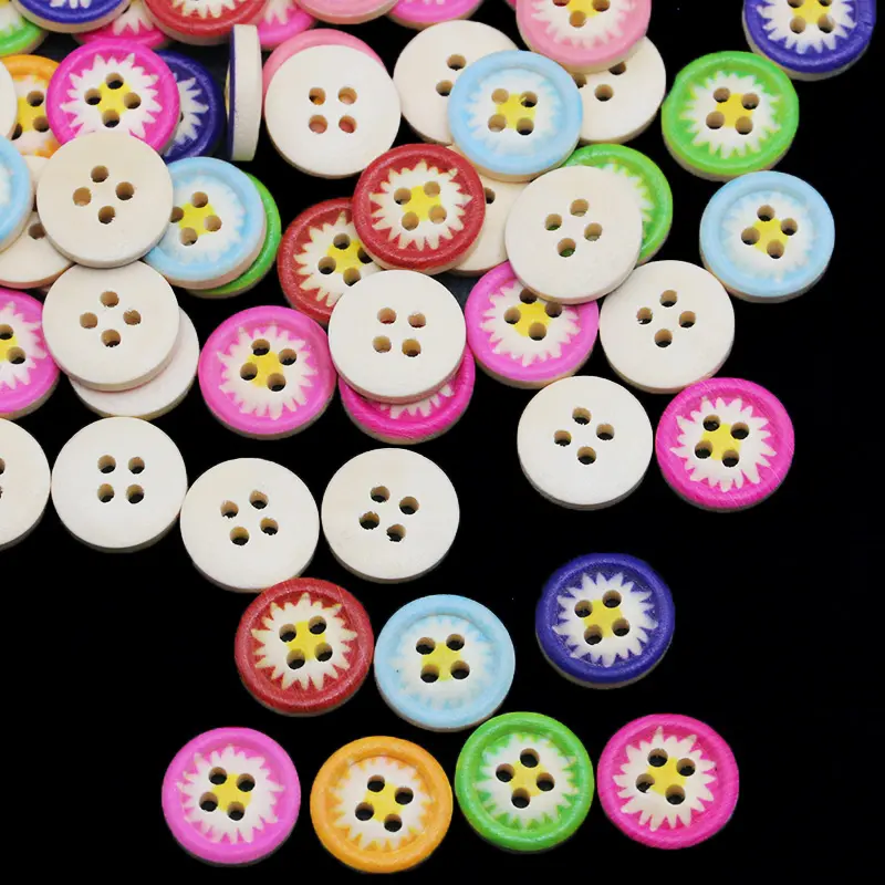 (100Pcs/pack) 15mm Multi-color Daisy Button Circular 4-hole Wooden Painted Button Party Decoration Clothing Decoration DIY
