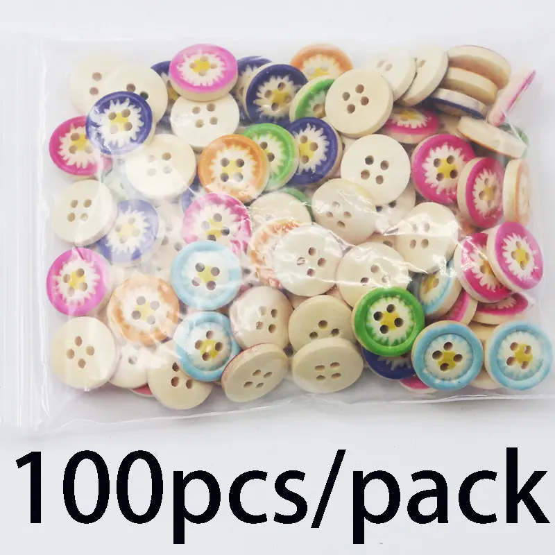 (100Pcs/pack) 15mm Multi-color Daisy Button Circular 4-hole Wooden Painted Button Party Decoration Clothing Decoration DIY