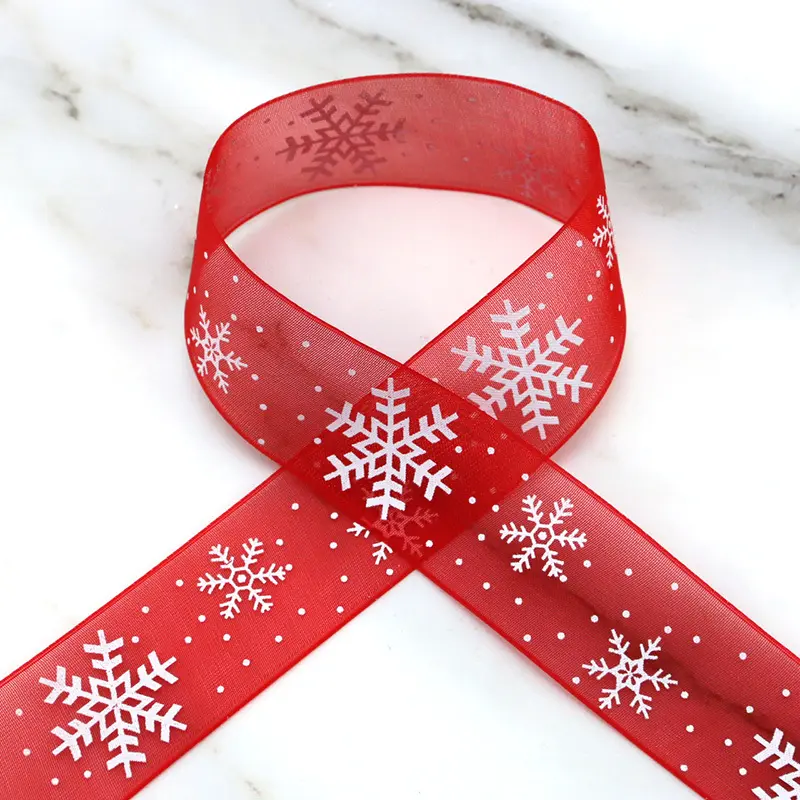 (10 Meters/roll)25mm Width Red Organza Christmas Handmade Ribbon Gift Packaging White Snowflake Decorative Lace Home Holiday