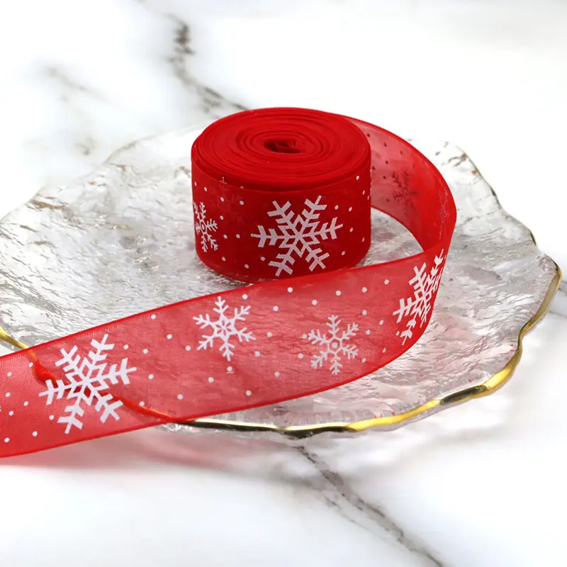 (10 Meters/roll)25mm Width Red Organza Christmas Handmade Ribbon Gift Packaging White Snowflake Decorative Lace Home Holiday