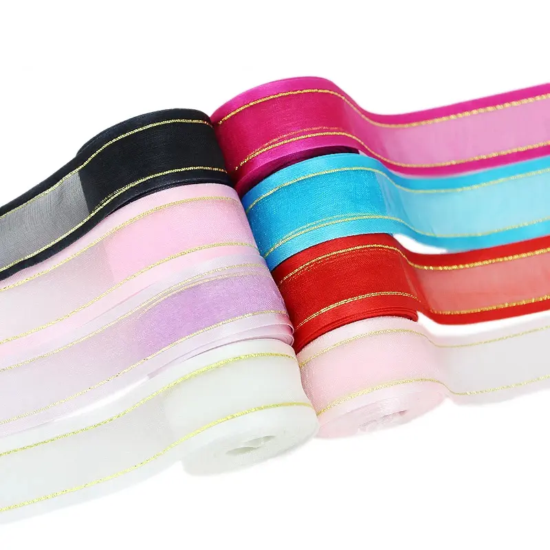 (10Yards/lot)  25mm White broadside gold edge organza ribbon wholesale gift wrapping decoration ribbons lace fabric wholesale