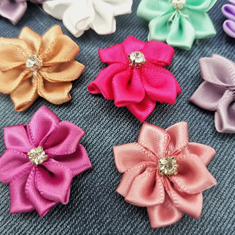(50pcs/pack) 25mm Colorful Inlaid Rhinestones Small Flower Mini Handmade DIY Satin Ribbon Flowers Scrapbooking Decoration
