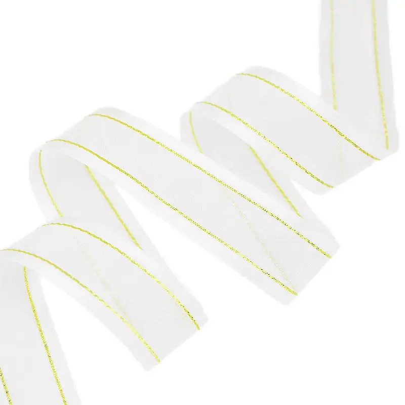 (10Yards/lot)  25mm White broadside gold edge organza ribbon wholesale gift wrapping decoration ribbons lace fabric wholesale