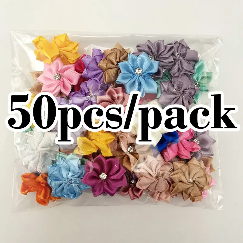 (50pcs/pack) 25mm Colorful Inlaid Rhinestones Small Flower Mini Handmade DIY Satin Ribbon Flowers Scrapbooking Decoration