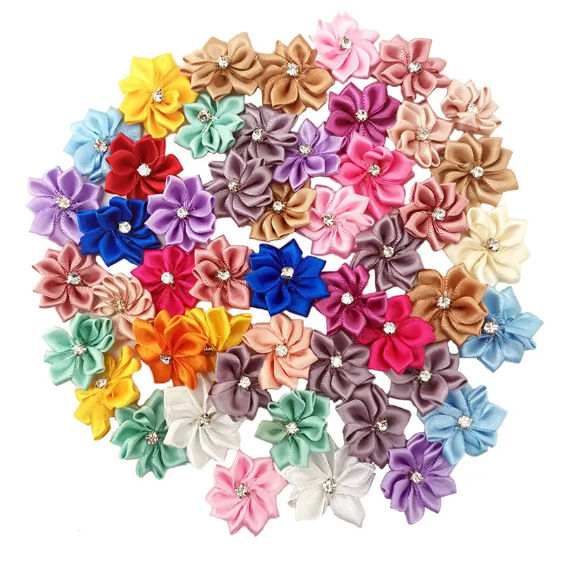(50pcs/pack) 25mm Colorful Inlaid Rhinestones Small Flower Mini Handmade DIY Satin Ribbon Flowers Scrapbooking Decoration