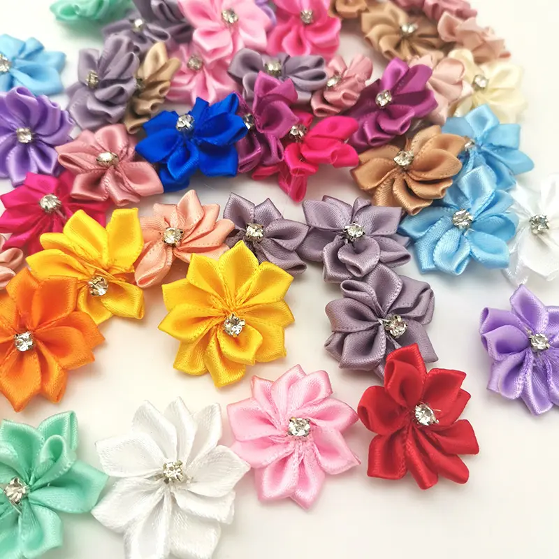 (50pcs/pack) 25mm Colorful Inlaid Rhinestones Small Flower Mini Handmade DIY Satin Ribbon Flowers Scrapbooking Decoration