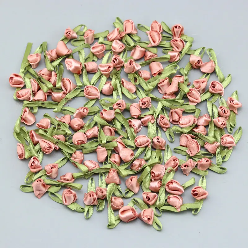 (100pcs) 25mm Green Leaf Flower Bud Satin Bows Mini Rose Home Wedding Party Ribbon Clothing Decoration Clip DIY Craft Supplies