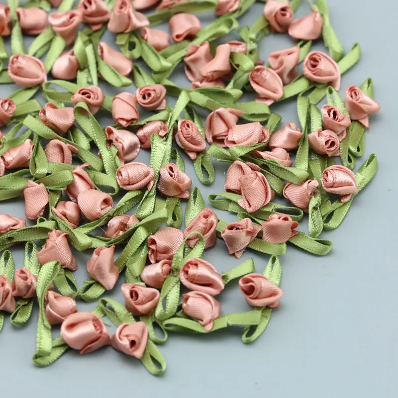 (100pcs) 25mm Green Leaf Flower Bud Satin Bows Mini Rose Home Wedding Party Ribbon Clothing Decoration Clip DIY Craft Supplies