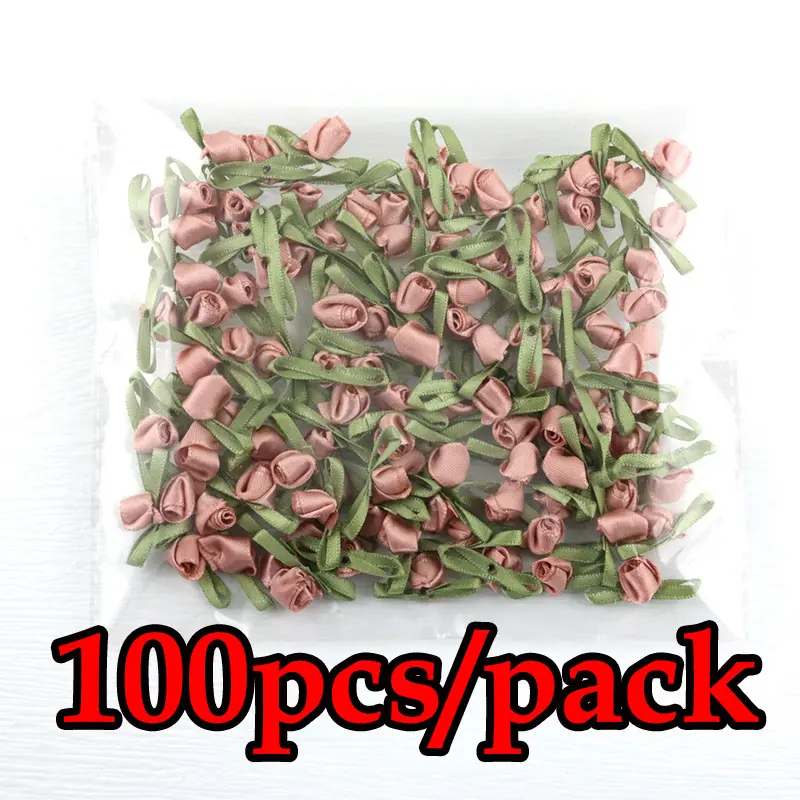 (100pcs) 25mm Green Leaf Flower Bud Satin Bows Mini Rose Home Wedding Party Ribbon Clothing Decoration Clip DIY Craft Supplies