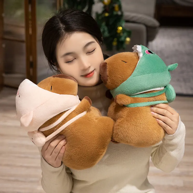 4 Styles Funny Detachable Capybara Wearing Animal Hat Plush Toys Soft Chubby Cartoon Capybara Doll Warm Cute Gift To Kids