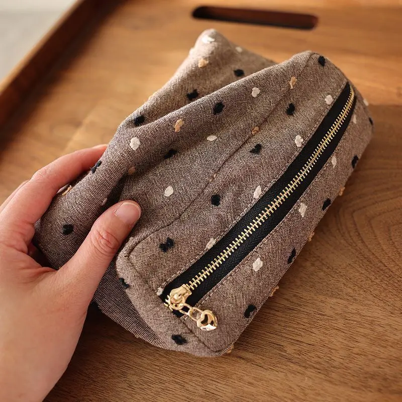 Checkered striped fabric cosmetic bag square three-dimensional zipper storage bag travel portable handbag liner bag makeup bag