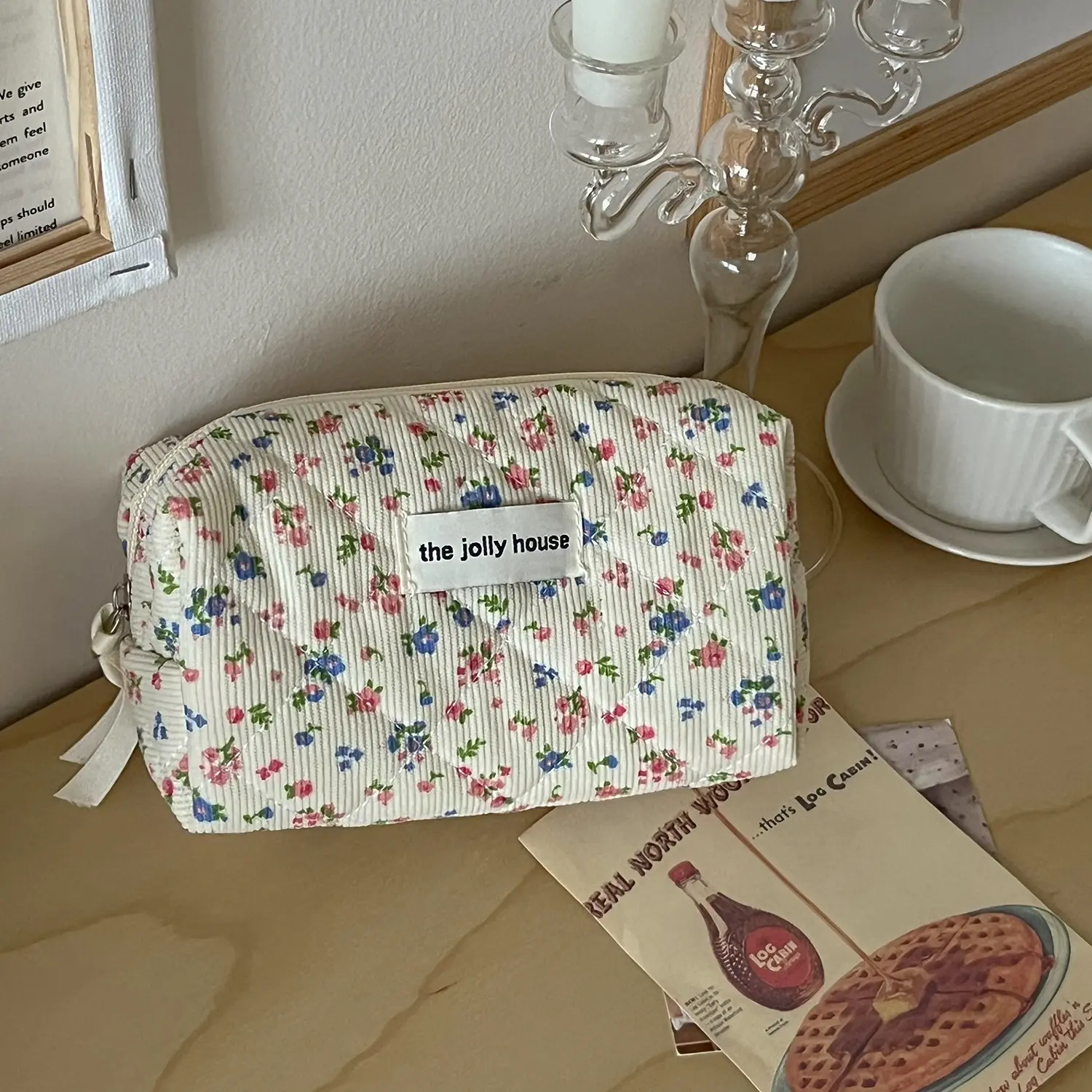 Lovely Floral stitching Corduroy Cosmetic Bag For Storing skin Care ltemsLipsticks Accessories Travel Necessity Birthday Gift
