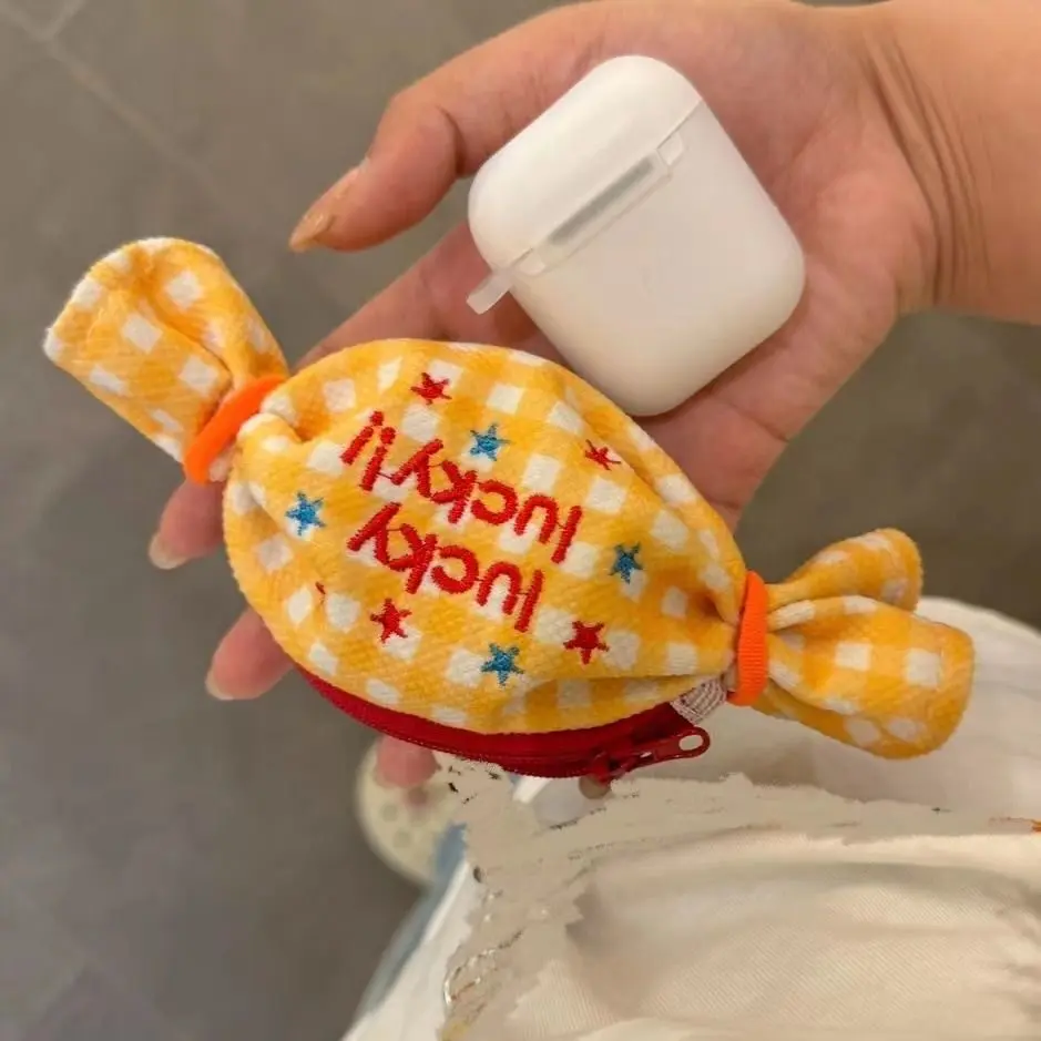 Sweet Candy Design Coin Purse Anti-lost Canvas Lipstick Earphone Bag Plaid Storage Pouch Creative Mini Bundle Pocket Outdoor