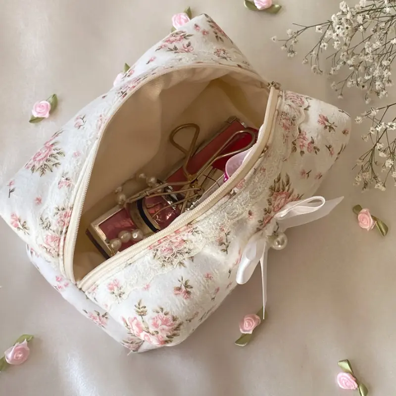 Sweet Women Lace Bow Cosmetic Bag Large Capacity Makeup Organizer Travel Toiletry Bag Storage Bag Zipper Ruffles Pencil Case