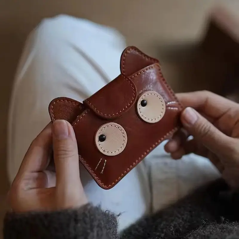 Retro Tannery Cowhide Card Holder Compact Lightweight Large Capacity Coin Storage Wallet For Women Cute Design Card Bag