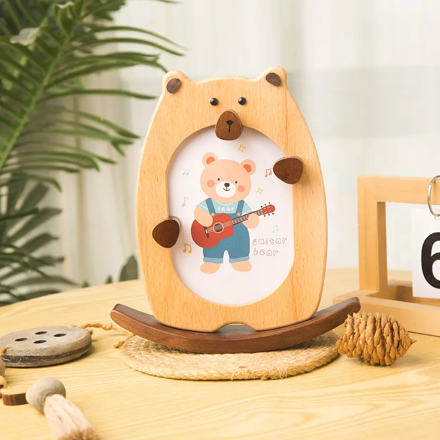 Wooden Rocking Bear Photo Frame - 6 Inch Cute Baby Picture Frame, Beechwood Nursery Decor, Kids Room Gift, Natural Wood Swing Fr
