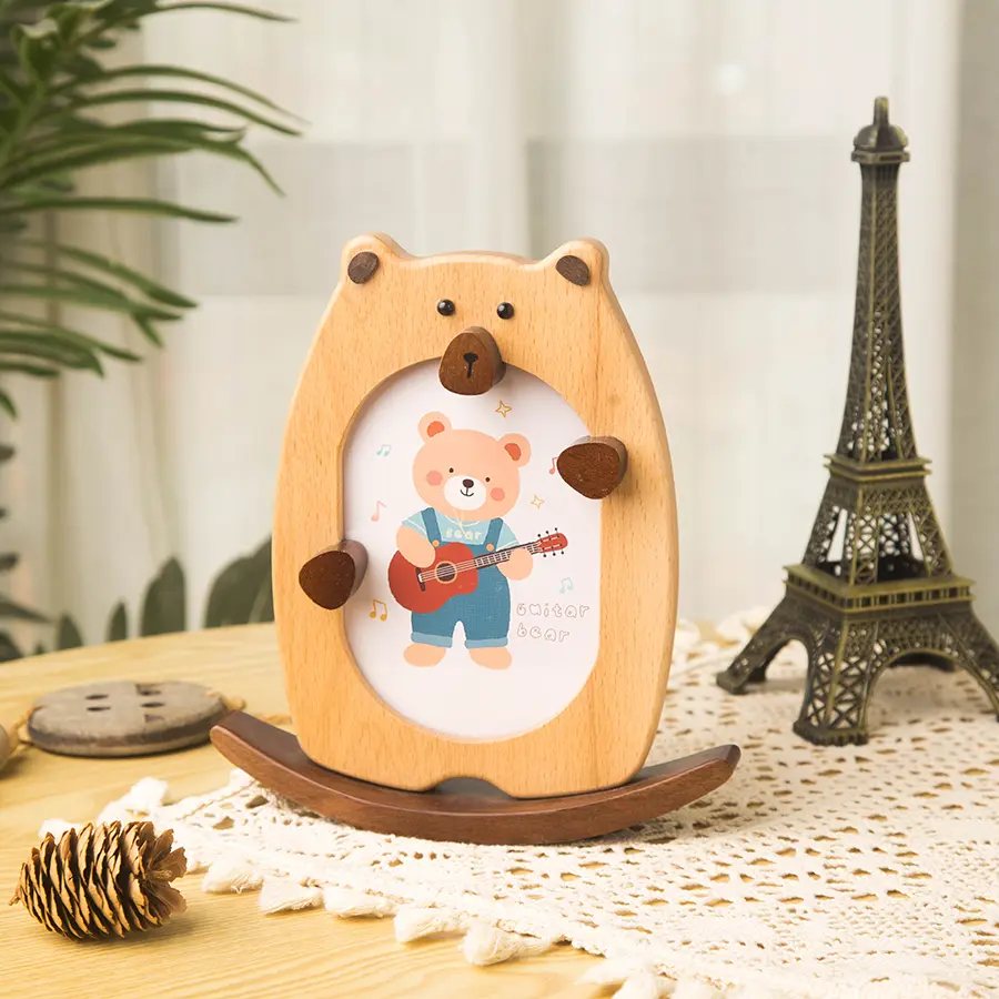 Wooden Rocking Bear Photo Frame - 6 Inch Cute Baby Picture Frame, Beechwood Nursery Decor, Kids Room Gift, Natural Wood Swing Fr