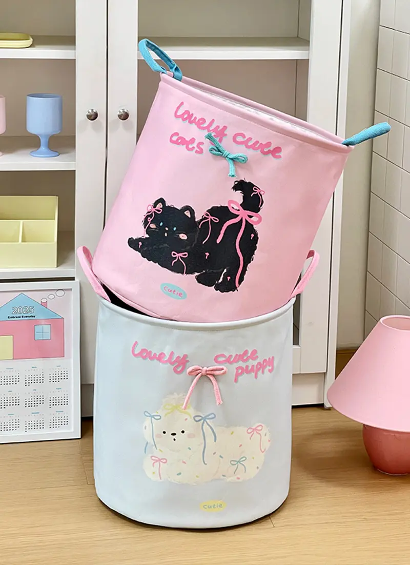 Cute cat and dog bathroom dirty clothes basket, large-capacity folding dirty clothes basket, waterproof household clothes storag