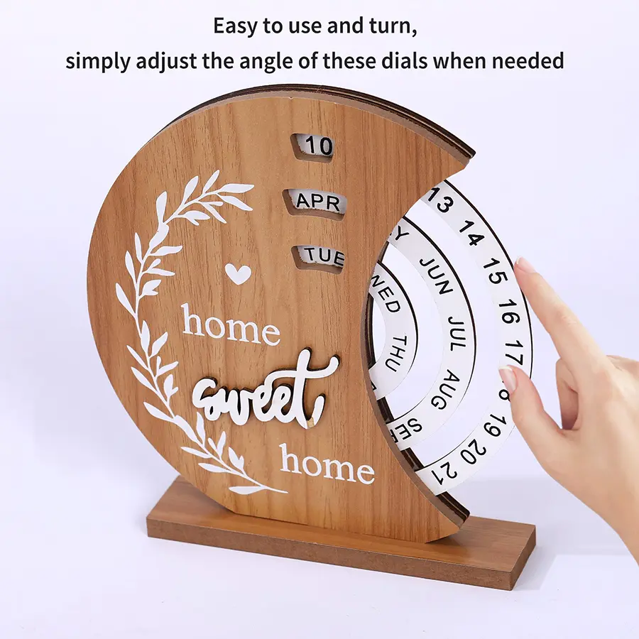 Creative Diy Wooden Perpetual Calendar Rotatable Time Record Card Reusable Disk Calendar Aesthetic Desk Decor Wooden Calendar