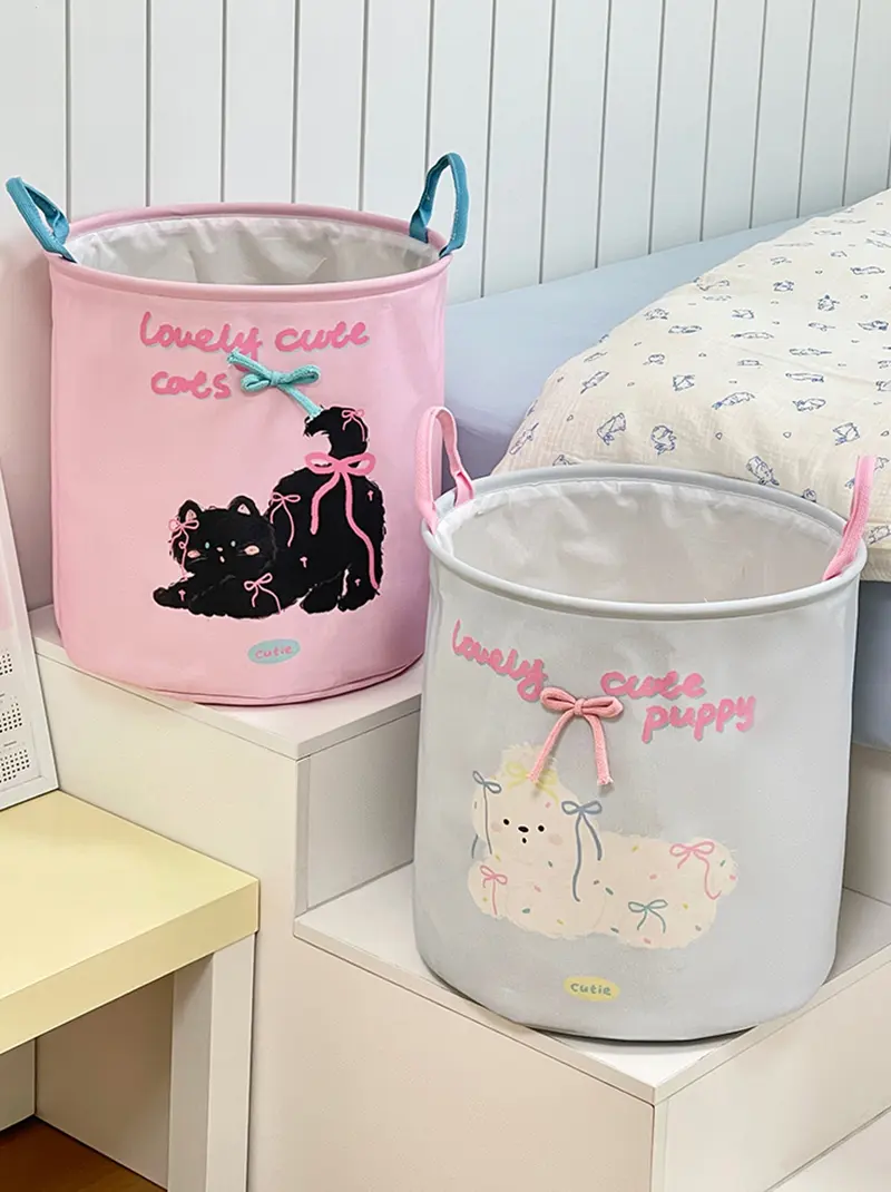 Cute cat and dog bathroom dirty clothes basket, large-capacity folding dirty clothes basket, waterproof household clothes storag
