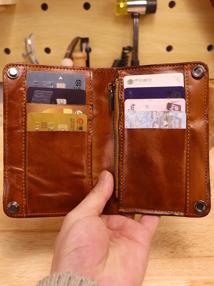 Genuine Leather Wallet Men - Vintage Wrinkled Bifold Purse with Zipper Coin Pocket, Credit Card Holder Money Bag