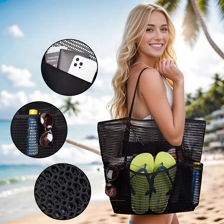 Beach Bag Double-layer Mesh Beach Bag Bath Swimming Toiletries Storage Bag Outfit Storage Bag