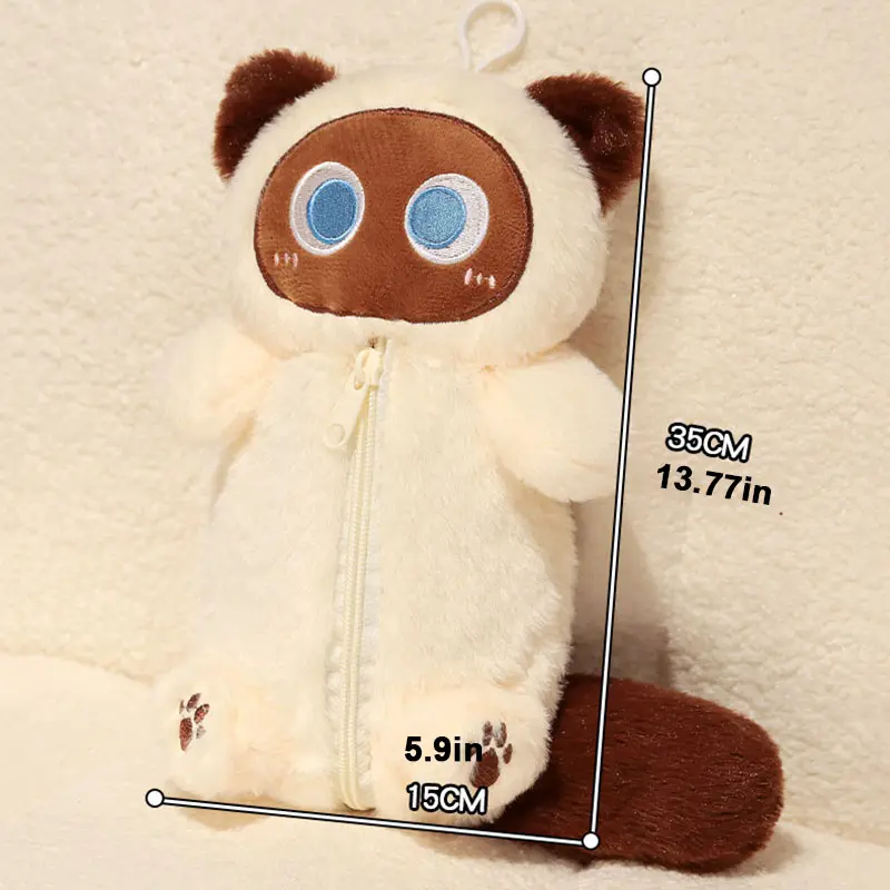 Siamese Cat Plush Pencil Case Stuffed Animal Large Capacity Stationery Bag Cute Design Cartoon Doll Cat Pencil Bag Learning